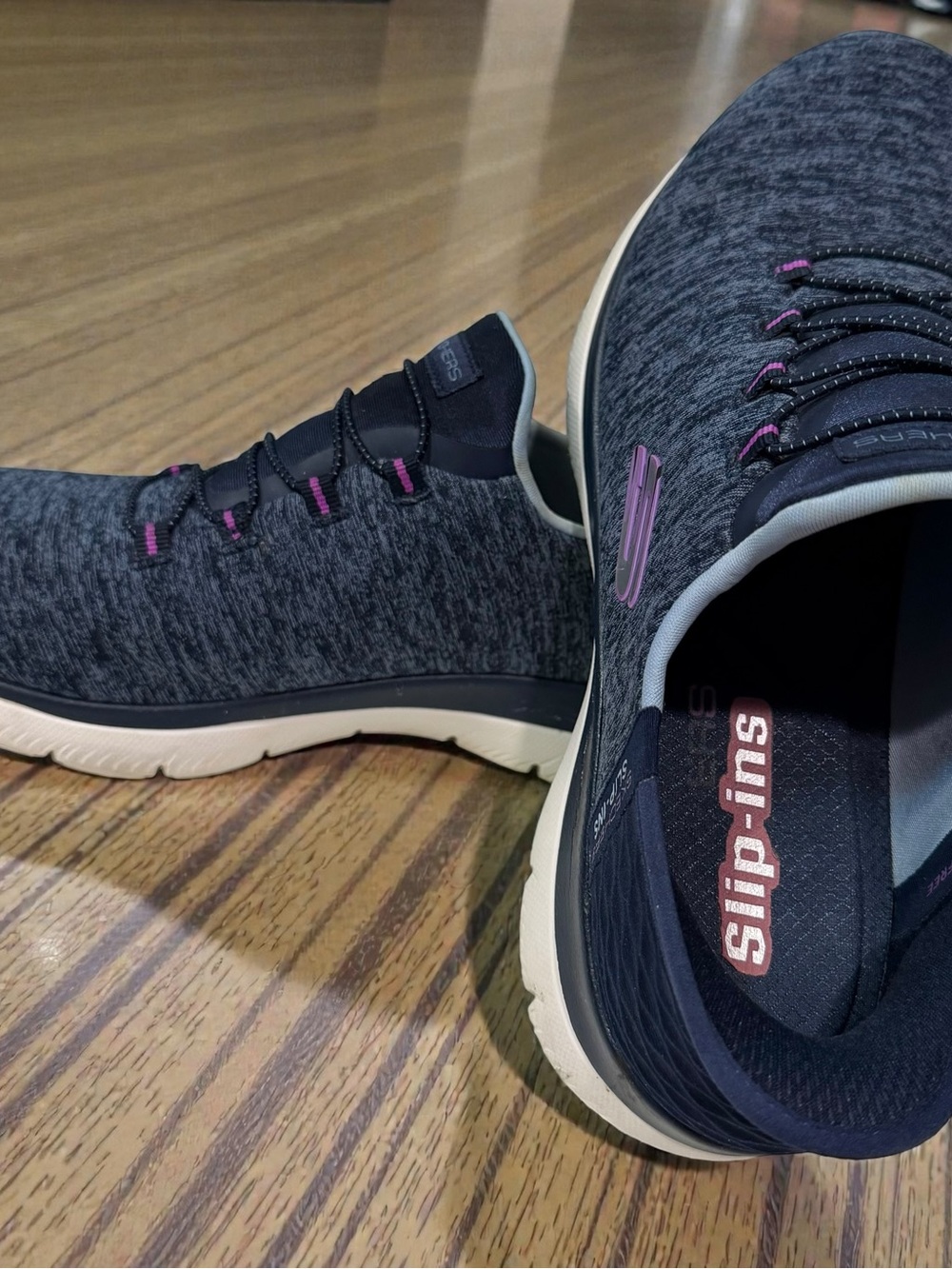 Skechers Women’s Blue Knit Slip-On Sneakers with purple Accents